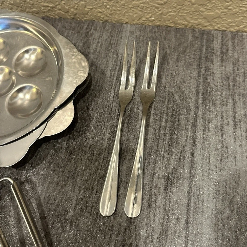 Bloomfield Vintage Escargot Set Stainless Steel Snail Plates Tongs Forks Japan 4